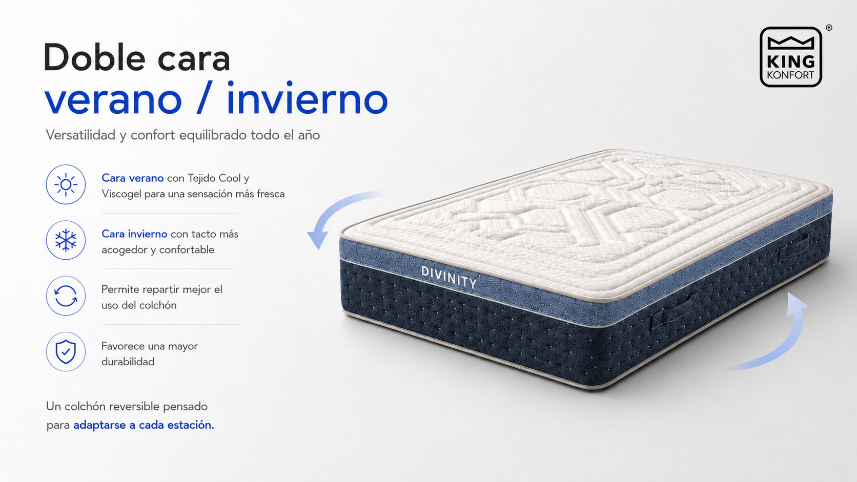 Colchón Divinity King Konfort | Colchón de doble cara 6 | KONFORT SUEÑOS Colchón Divinity King Konfort reversible con cara de verano más fresca y cara de invierno más acogedora