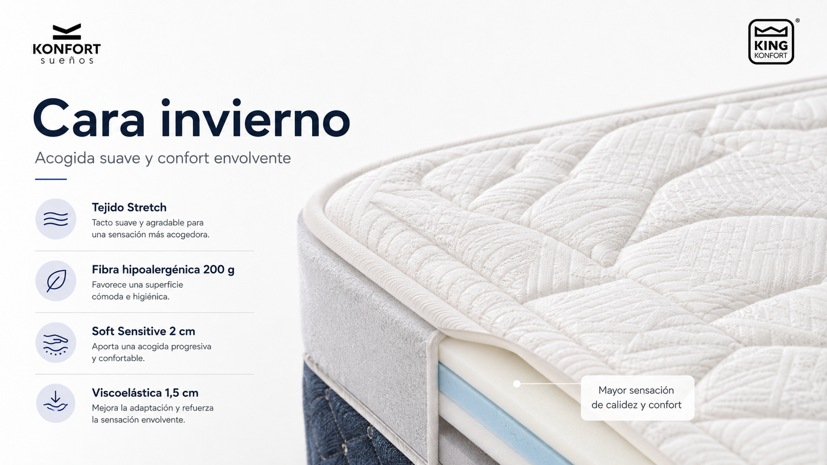 Colchón Divinity King Konfort | Colchón de doble cara 9 | KONFORT SUEÑOS Cara invierno del colchón Divinity King Konfort con tejido Stretch, fibra hipoalergénica, Soft Sensitive y viscoelástica
