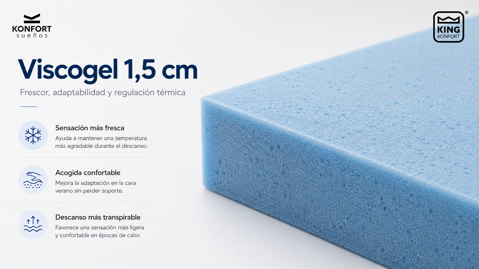 Colchón Divinity King Konfort | Colchón de doble cara 7 | KONFORT SUEÑOS Capa de Viscogel 1,5 cm del colchón Divinity King Konfort para una sensación más fresca en la cara de verano