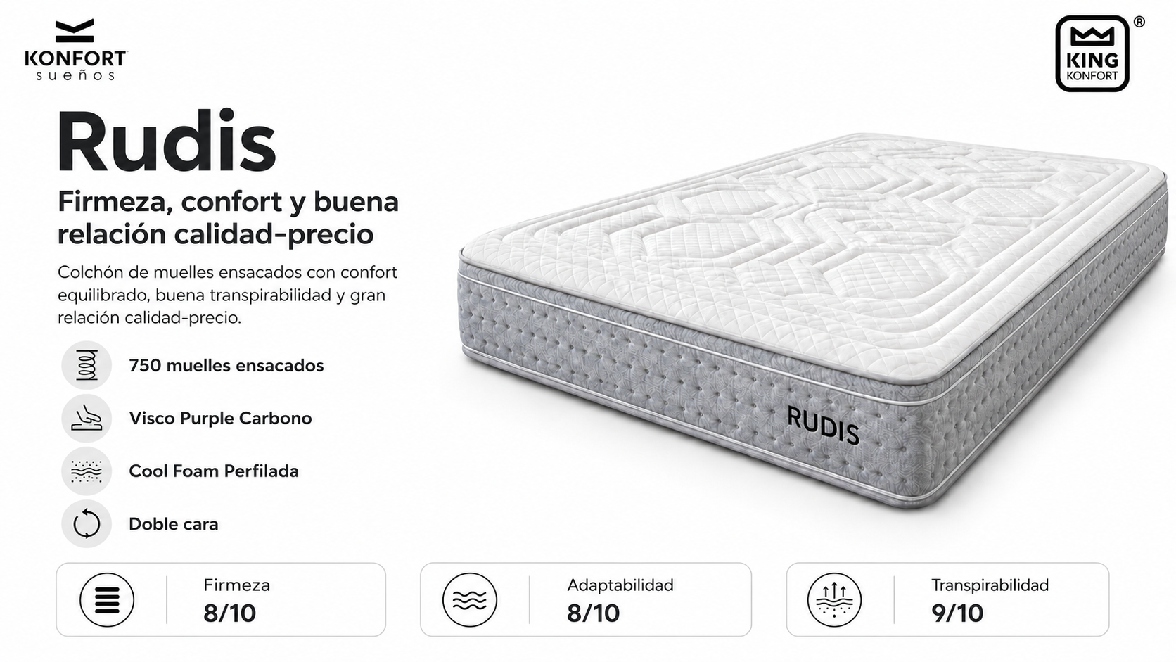 Colchón de muelles ensacados Rudis | King Konfort 4 | KONFORT SUEÑOS KONFORT SUEÑOS | Colchon Rudis caracteristicas generales 1